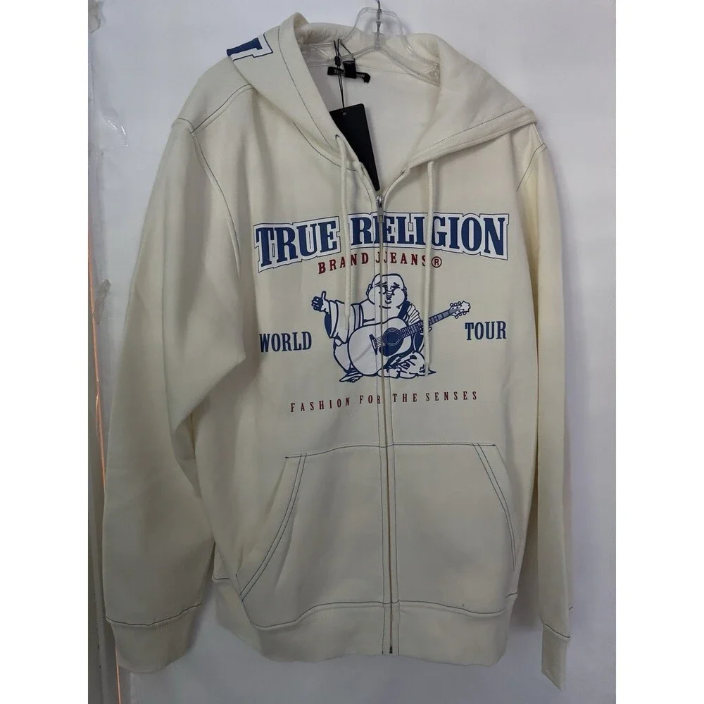 True Religion Men’s World Tour Zip Up Hoodie Large Winter White Buddha Logo XL